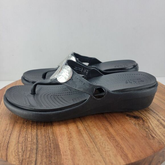 Crocs Womens Size 6 Black Sanrah Embellished Wedge Thong Sandals 204009 - Picture 1 of 9